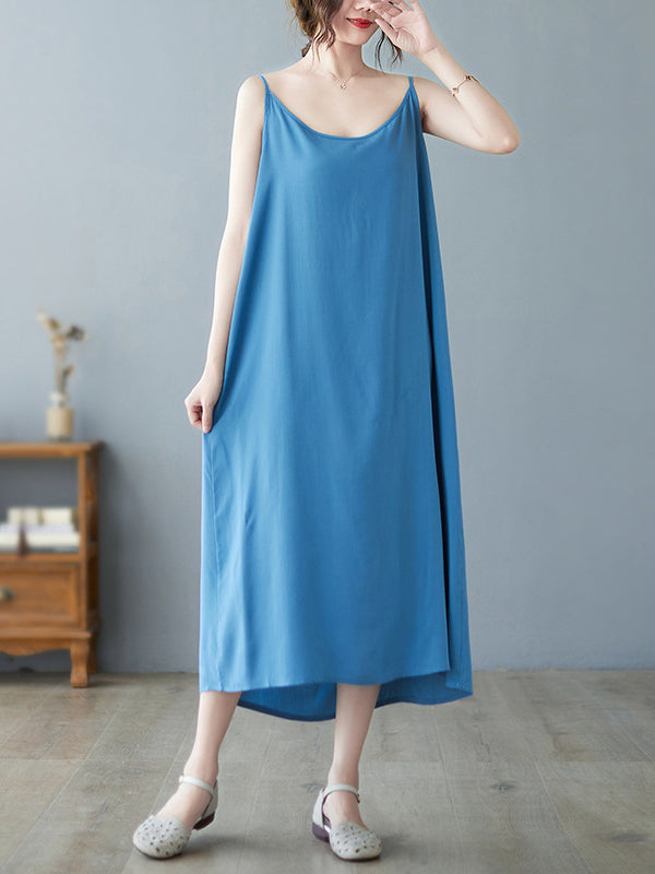 Casual Solid Color Spaghetti-Neck Midi Dress