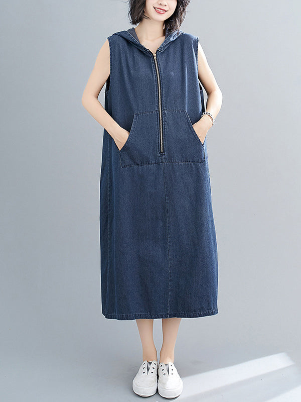 Zipper Loose Hooded Midi Dress Sleeveless