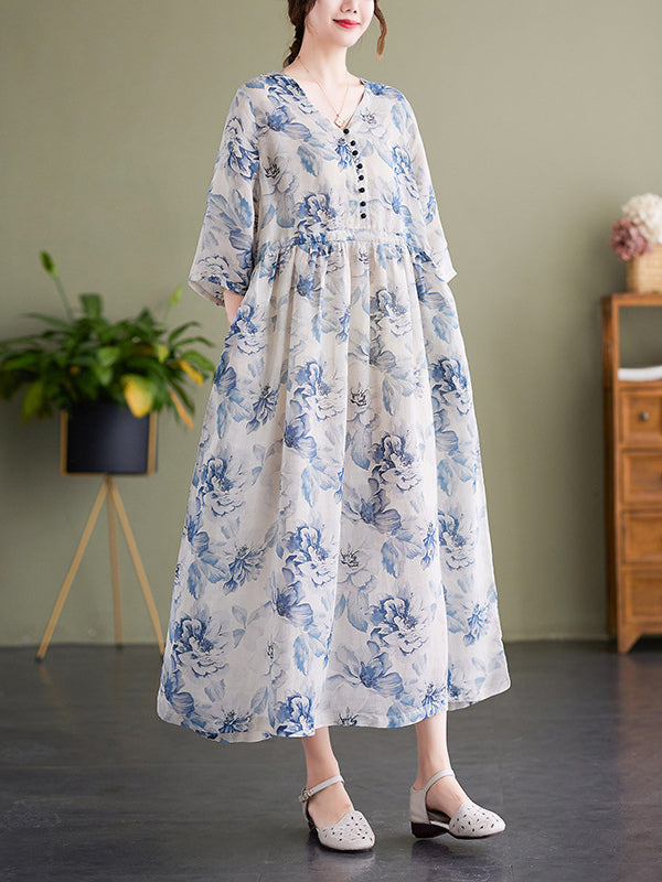 Loose Elasticity Floral Printed V-neck Midi Dress