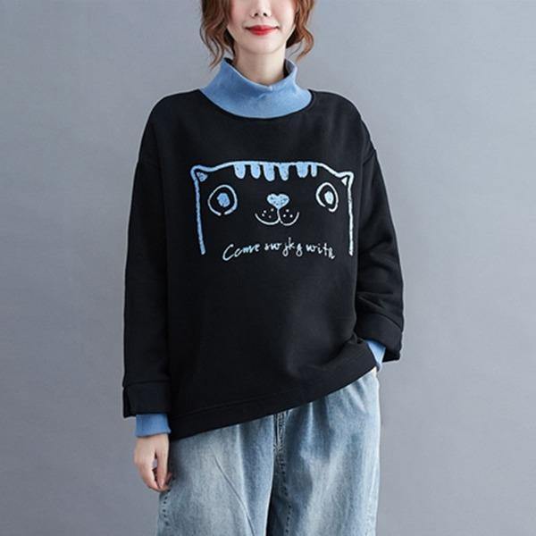 Style Cartoon Print Turtleneck Loose Female Pullovers Hoodies - Omychic