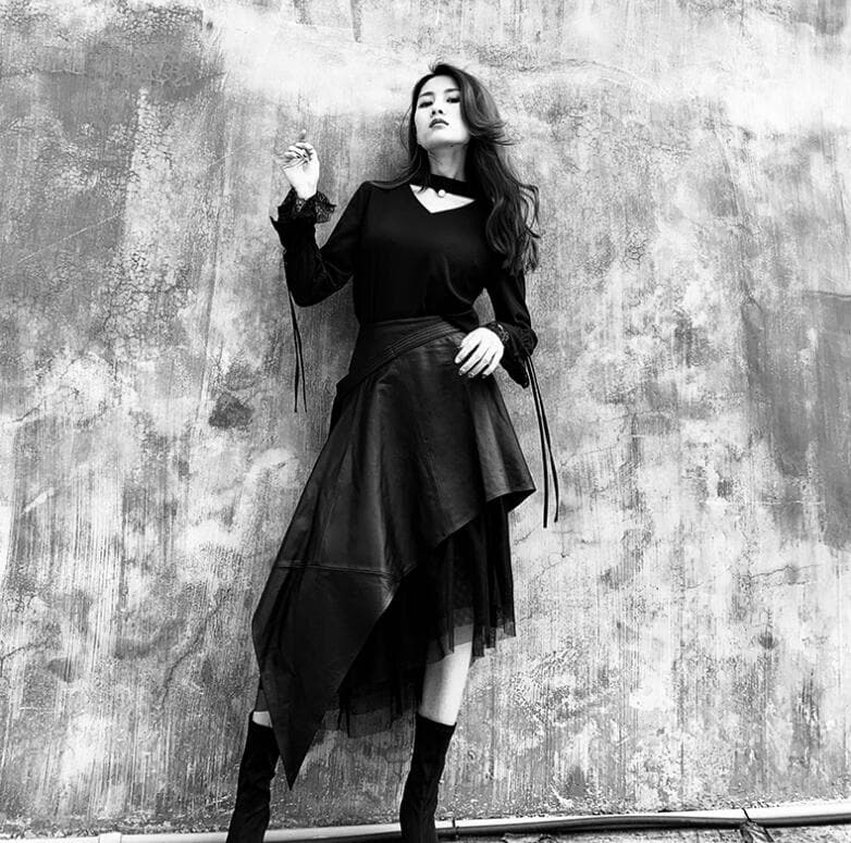 Urban Black Asymmetrical PU Leather Patchwork Tulle Skirt