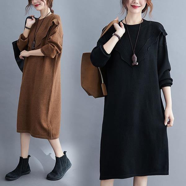 omychic plus size knitted vintage women causal loose midi autumn winter sweater dress - Omychic