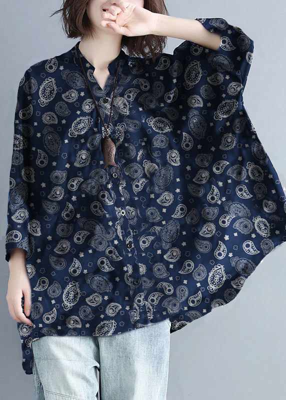 Plus Size Indigo-Cashew Stand Collar Oversized Print Chiffon Top Batwing Sleeve