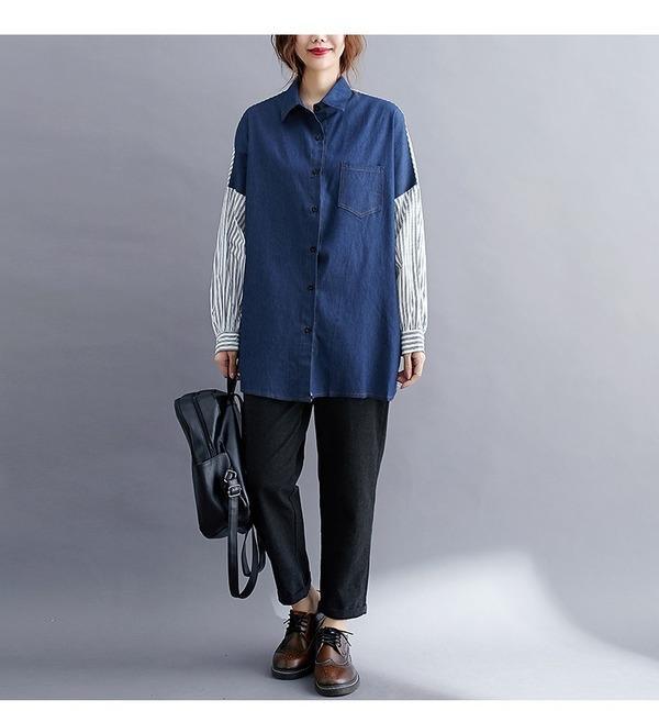 omychic plus size denim cotton vintage stripe korean style Casual loose autumn shirt women blouse 2020 clothes ladies tops - Omychic