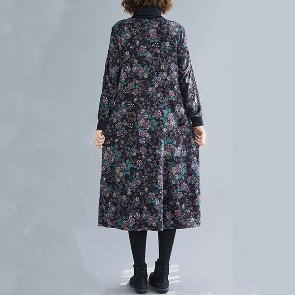 omychic plus size cotton vintage floral women casual loose autumn winter dress - Omychic