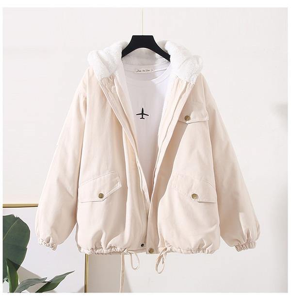 Women Winter Cotton Padded Jackets Hooded BF Tooling Cotton Lamb Wool Coat - Omychic