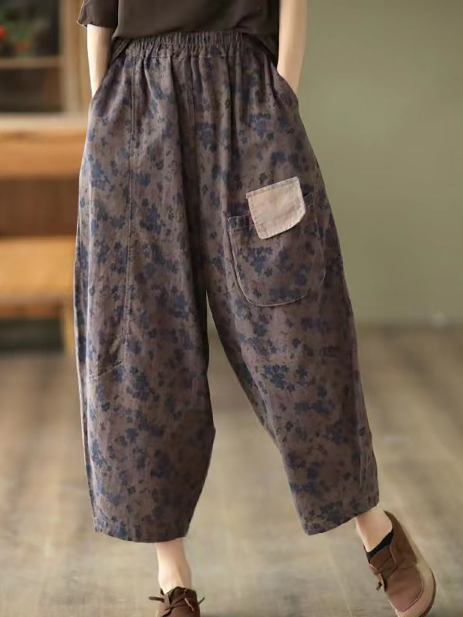 Casual Floral Patch Pocket Loose Pants Spring
