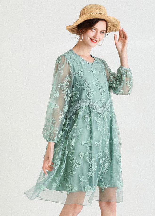 Chic Green O-Neck Tulle A Line Fall Lace Long Sleeve Mid Dress