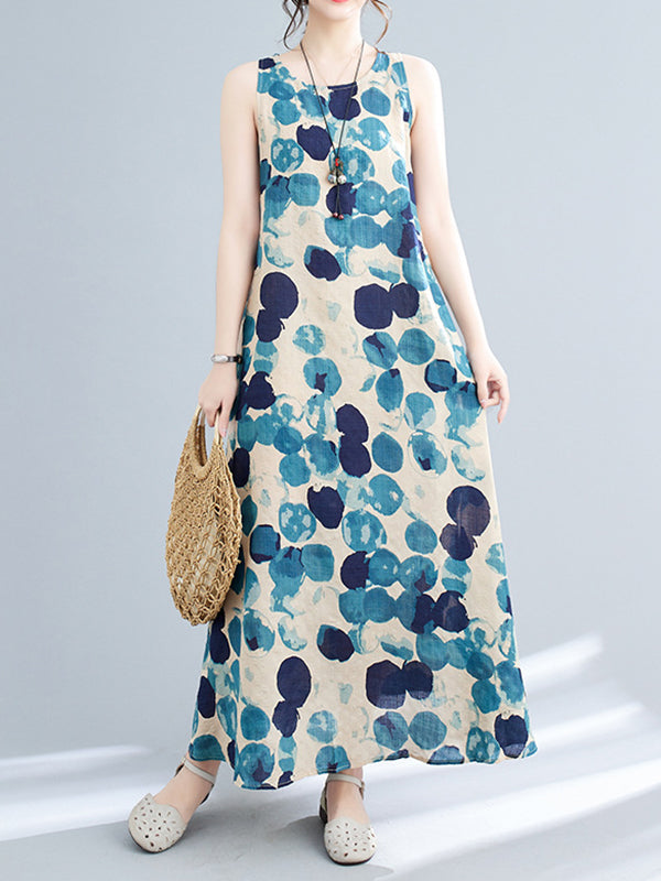 Polka-Dot Loose Round-Neck Maxi Dress