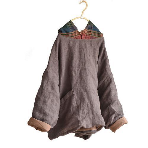 Women Linen Patchwork Hooded Coat Parkas Ladies Vintage Flax Tops Female 2020 Outerwear 2020 Autumn Winter - Omychic