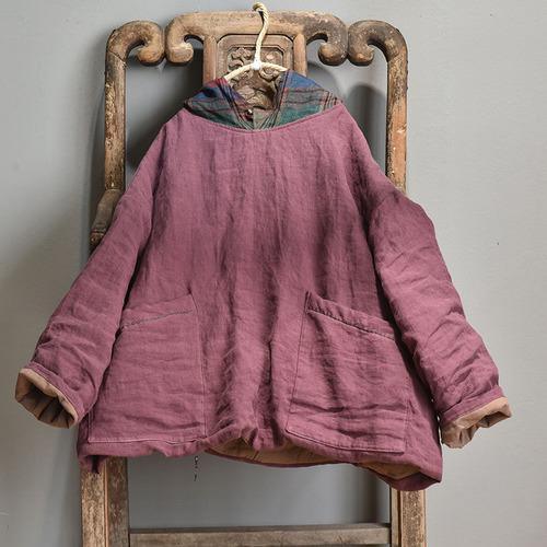 Women Linen Patchwork Hooded Coat Parkas Ladies Vintage Flax Tops Female 2020 Outerwear 2020 Autumn Winter - Omychic