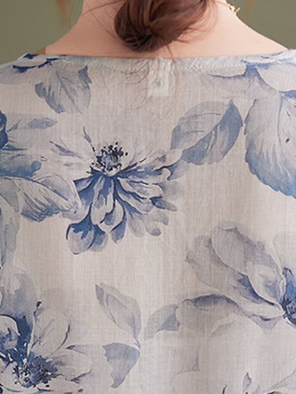 Loose Elasticity Floral Printed V-neck Midi Dress