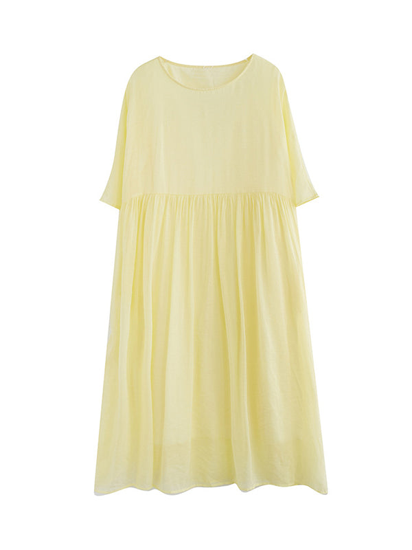 Pleated See-Through Solid Color Split-Joint  Midi Dress