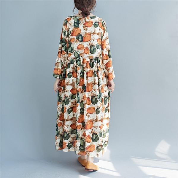 long sleeve cotton linen plus size vintage floral for women casual loose summer autumn dress - Omychic