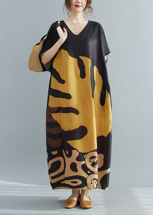 Loose Black V Neck Oversized Leaf Print Chiffon Long Dress