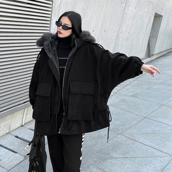 Black Full Sleeve Goddess Fan Casual Style Loose Parkas Coat - Omychic