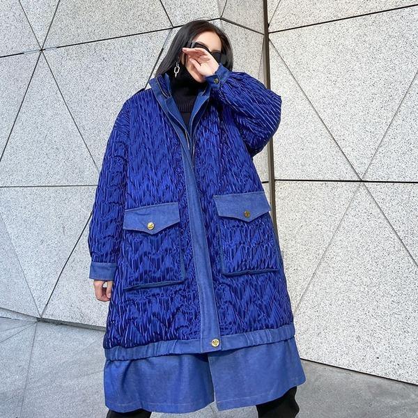 Women Winter The New Contrast Color Loose Pockets Street Trendy Stand Collar Parka Coat - Omychic