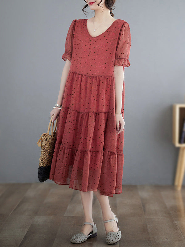 Polka Dot Split-Joint Loose V-Neck Midi Dress