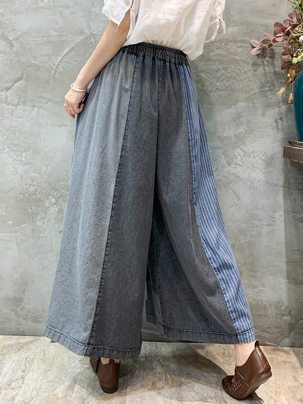 Casual Drawstring Elasticity Plaid Split-Joint Ninth Denim Pants