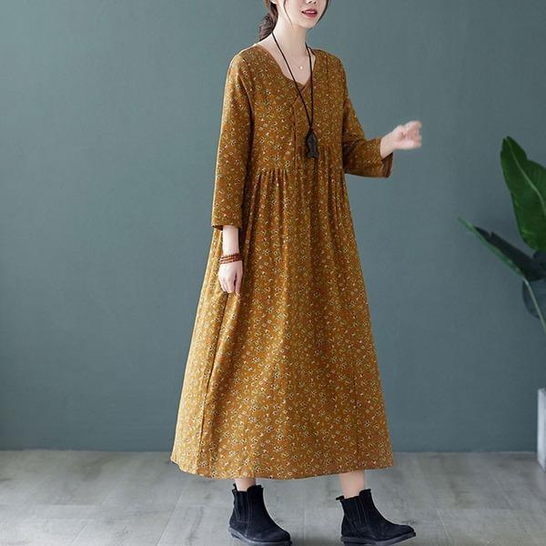 Women Cotton Linen Casual Dress V-neck Loose Ladies Elegant A-line Long Dresses - Omychic