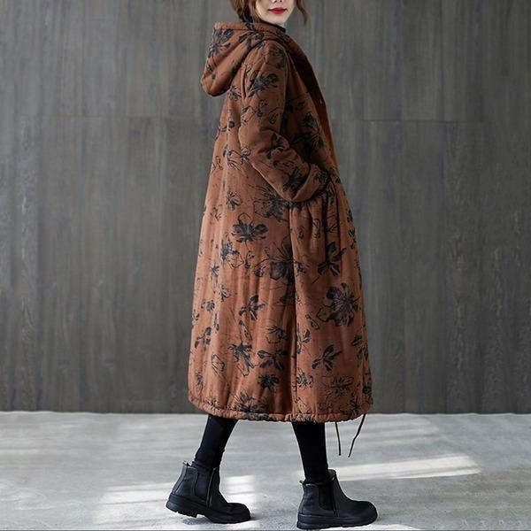 plus size hooded Cotton vintage floral casual long loose autumn winter jacket clothes - Omychic
