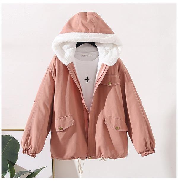 Women Winter Cotton Padded Jackets Hooded BF Tooling Cotton Lamb Wool Coat - Omychic
