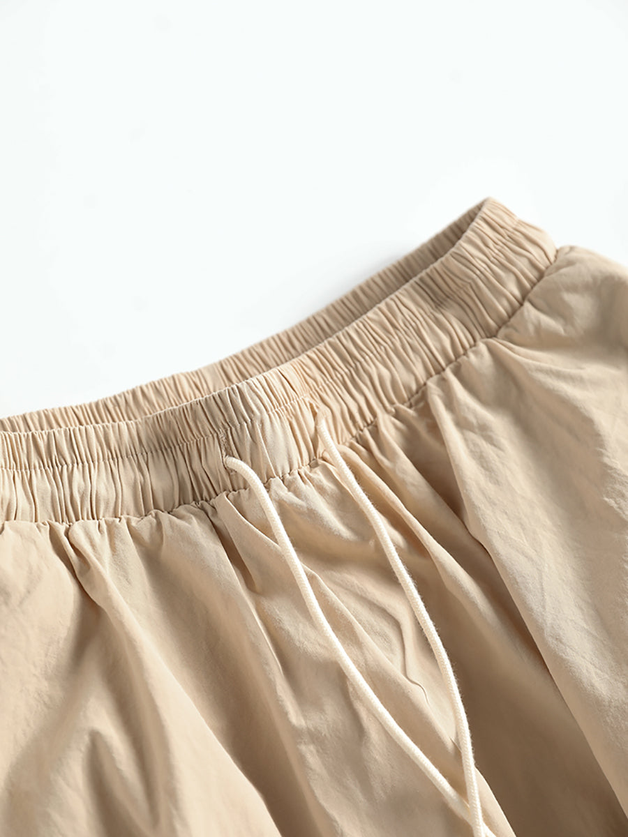 Solid Color Loose Pocket Drawstring Cotton Skirt