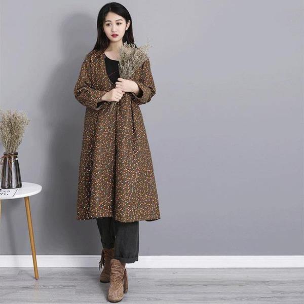 Winter Fashion V-neck Floral Print Cotton Linen Long Coat  Casual Women Outerwear - Omychic