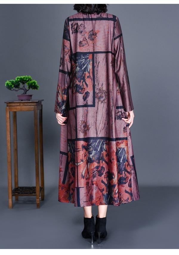 long sleeve plus size cotton satin vintage floral for women casual loose autumn dress - Omychic