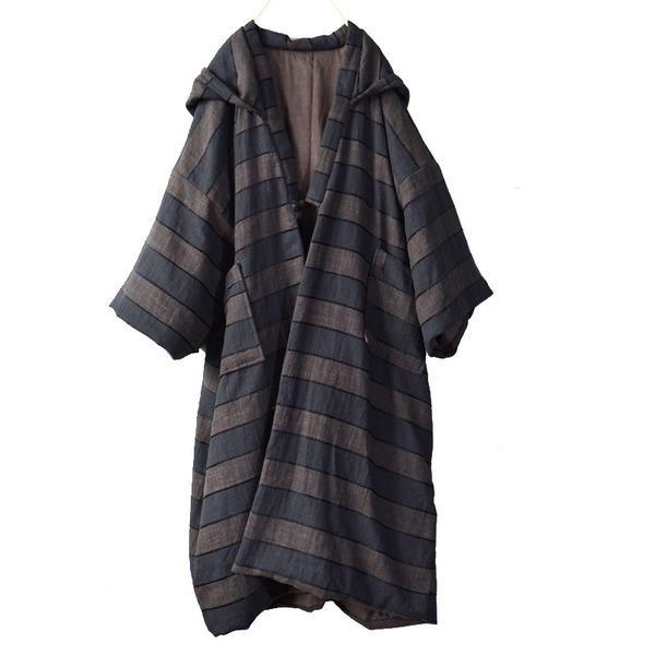 2020 Spring Striped New Loose Simple Casual Warm Cotton Long Hooded Coats - Omychic