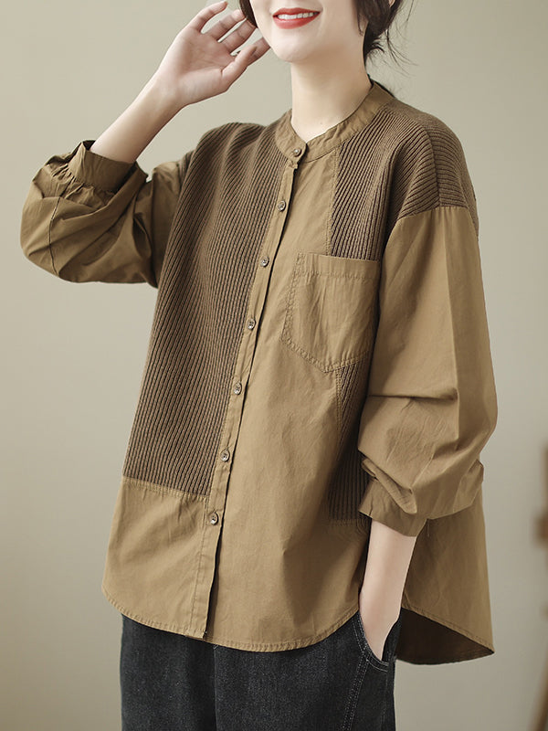 Vintage Long Sleeves Loose Split-Joint Round-Neck Blouses