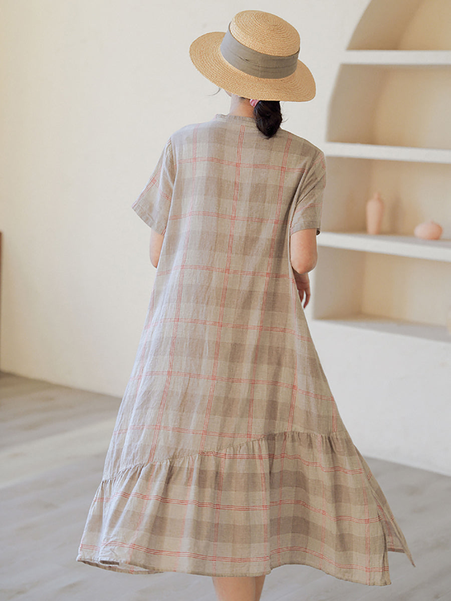 Irregular Splice Plaid Elegant Button Pleated Dress