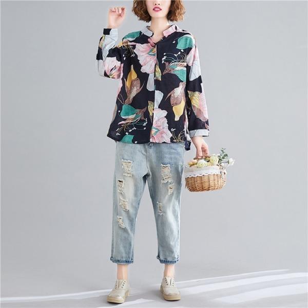 cotton linen autumn vintage floral korean style plus size Casual loose shirt women blouse 2020 clothes ladies tops streetwear - Omychic