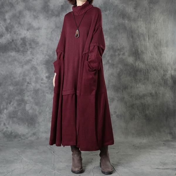 Women Plus Size Full Sleeve Pocket Goddess Fan Pleated 2020 Winter Patchwork Dress - Omychic