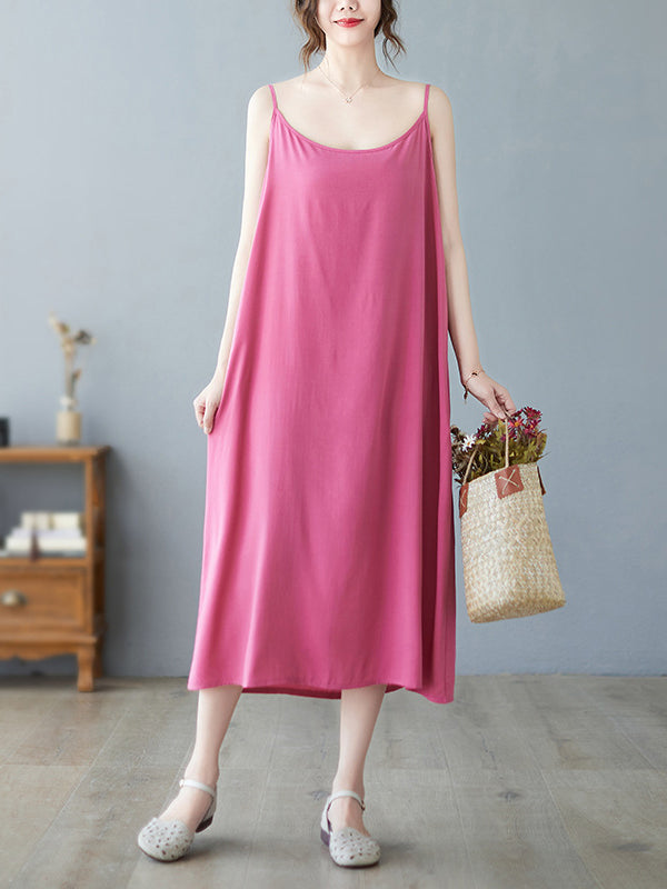 Casual Solid Color Spaghetti-Neck Midi Dress