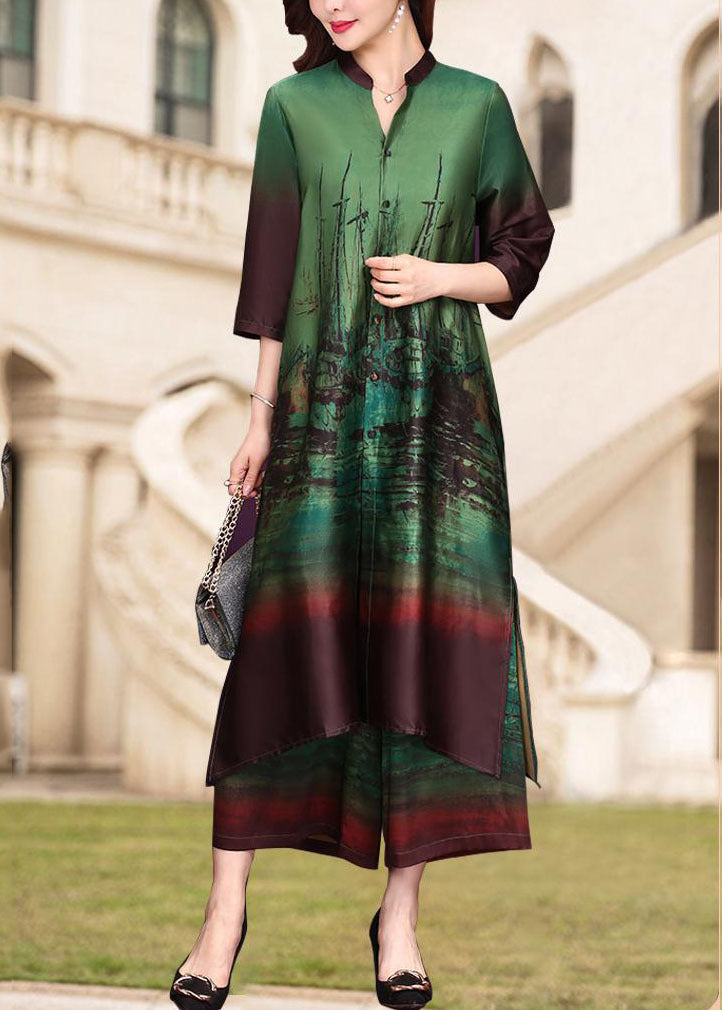 Green Print V Neck Side Open Silk Two Pieces Set