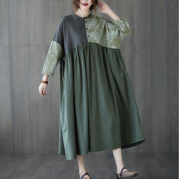Oversized Women Cotton Linen Casual Dress Vintage Style Patchwork Color Loose Female Long Dresses - Omychic