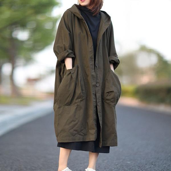 Plus Size Hooded Single Breasted Windbreaker Simple Casual Solid Color All-match Women Long Coat - Omychic