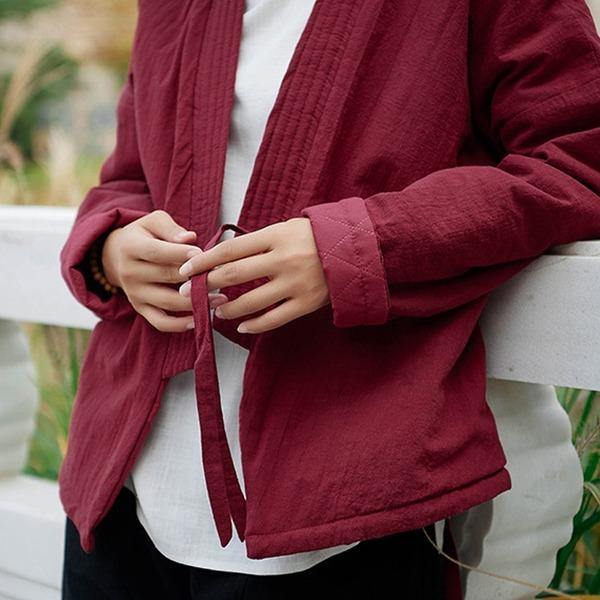 2020 Autumn Winter Cotton Linen  Cotton Coat Simple Comfortable All-match Women Lace Up Coat - Omychic
