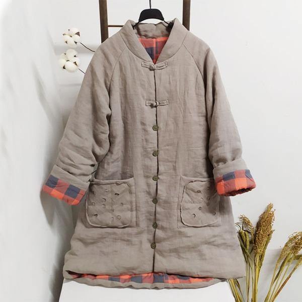 Women Vintage Linen Parkas Stand Long Sleeve Winter Coats - Omychic