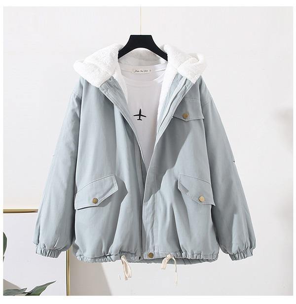 Women Winter Cotton Padded Jackets Hooded BF Tooling Cotton Lamb Wool Coat - Omychic