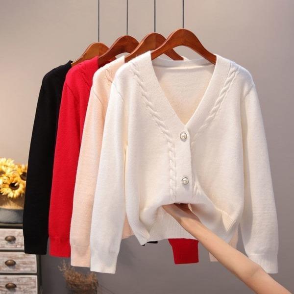 V Neck Pearl Single Breasted Loose Short Thicken Sweater Sweet Long Sleeve Knitting Top - Omychic