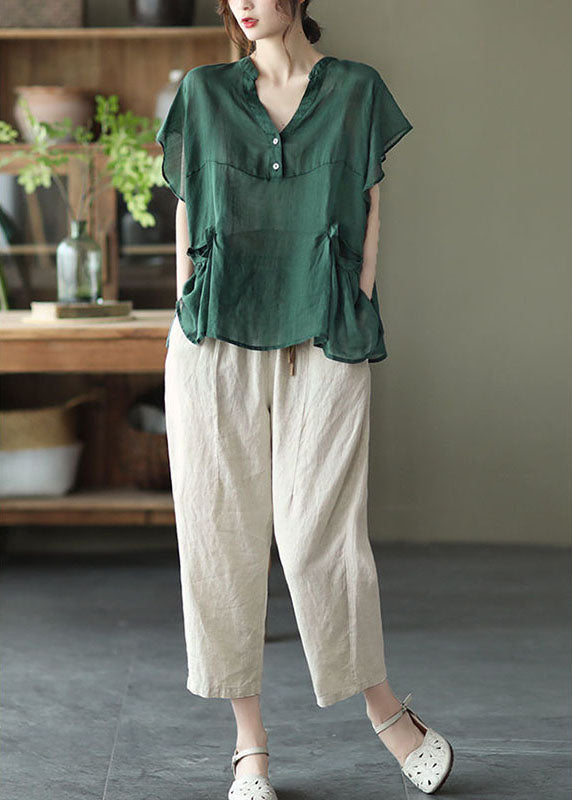 Elegant Green V Neck Button Fall Short Sleeve Blouse Top