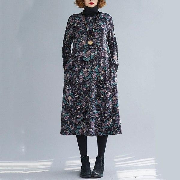 omychic plus size cotton vintage floral women casual loose autumn winter dress - Omychic