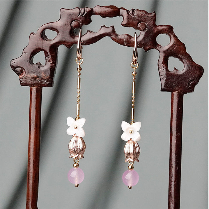 Long Fringed Shell Flower Earrings