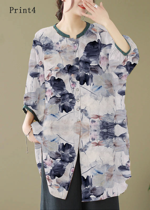 Print5 Linen Shirt Dresses O-Neck Oversized Lantern Sleeve
