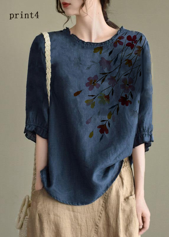 Handmade Navy-print5  lantern Sleeve O-Neck Embroideried Summer Ramie Blouses