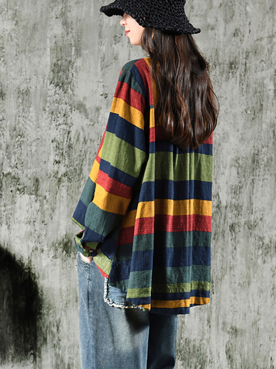 Plus Size Vintage Striped Cotton Shirt Long Sleeve