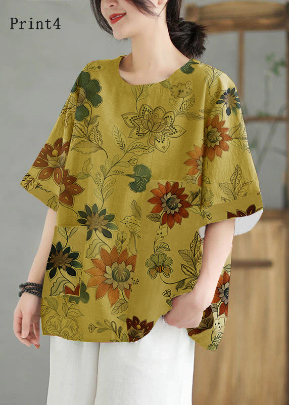 Women Print6  O Neck Print Patchwork Linen T Shirt Top Summer