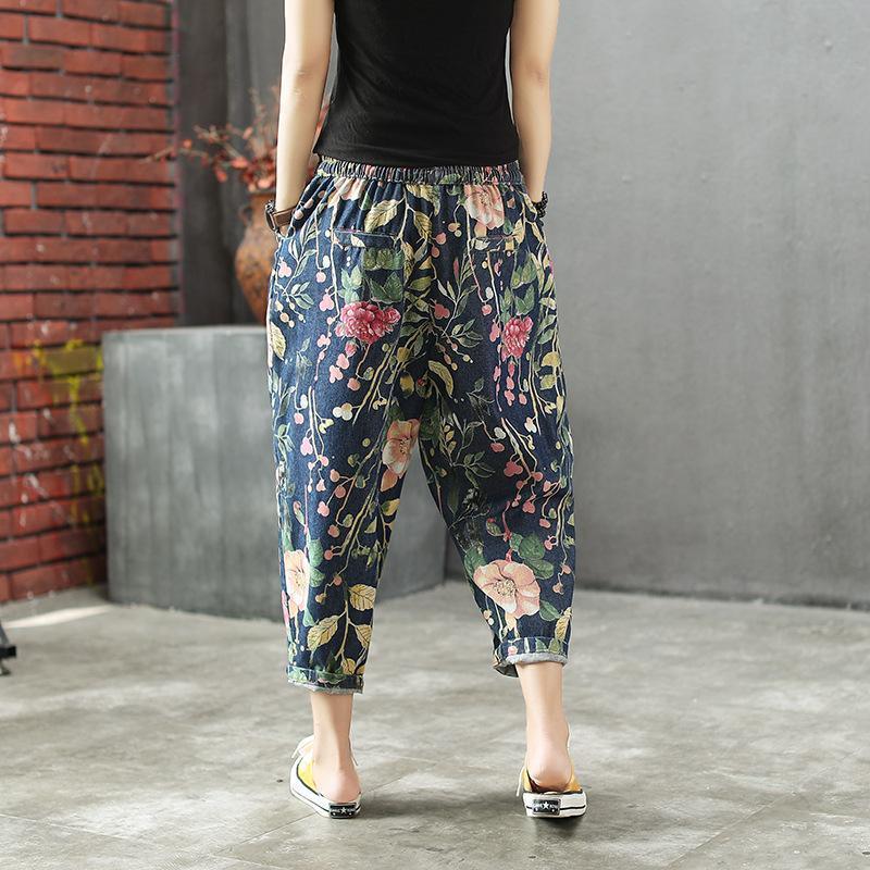2021 Plus Size Floral Print Elastic Waist Women Autumn Jeans - Omychic